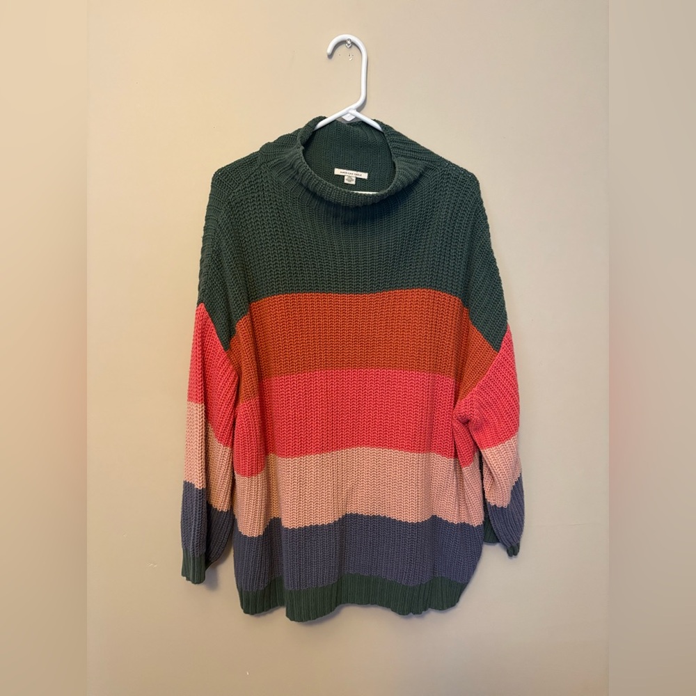 American Eagle Multi-Colored Striped Oversized Mock Neck Sweater